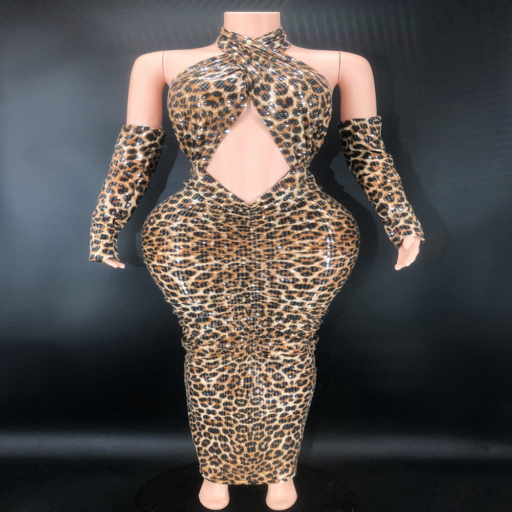 New Sequins Leopard Print Bodycon Backless Long Dress Sexy Evening Prom Gown Birthday Dress Nightclub Outfit Show Stage Wear