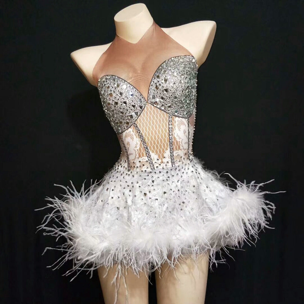 Glisten Slilver Crystal White Feather Dress Women Birthday Celebrate Mine Dress Nightclub Party Singer Costume Dance Show Wear