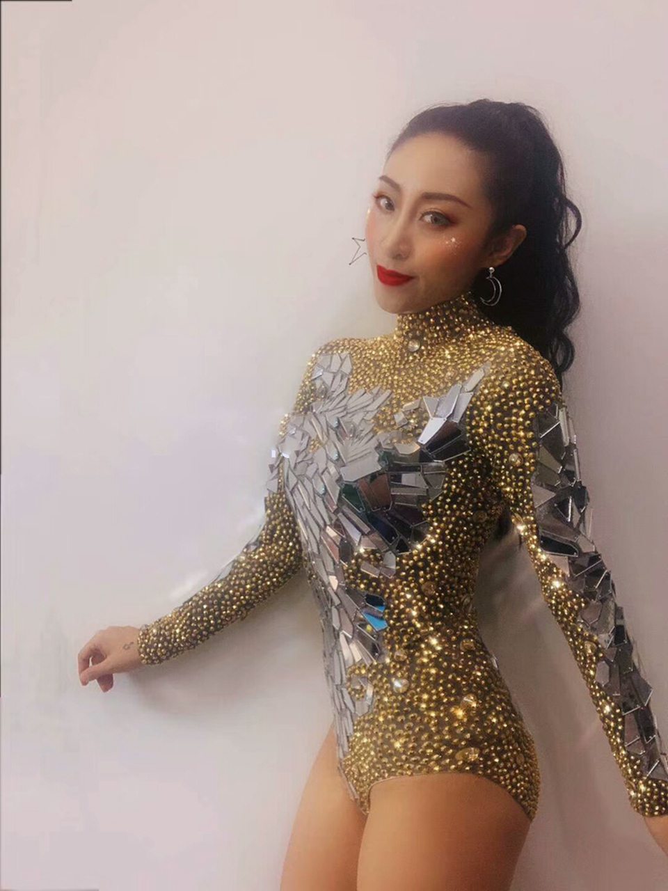 Shining Gold Rhinestones Mirrors Bodysuit Women's Birthday Celebrate Party Outfit DS Bar Singer Dancer Show Performance Costume