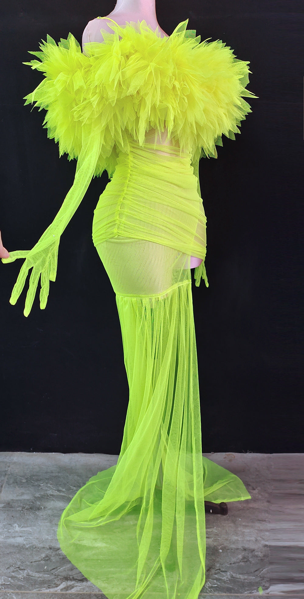 Women Sexy Mesh See Through Bodycon Long Tailing Dress Gloves Ruffles Sexy Birthday Dress Singer Performance Costume Stage Wear