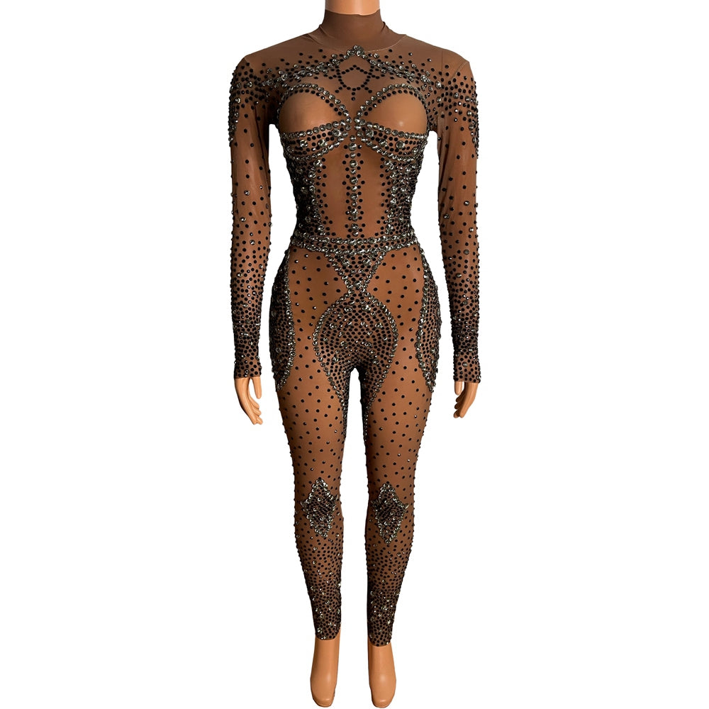 Sparkly Rhinestones Mesh Transparent Jumpsuit Long Sleeve Sexy Tight Birthday Party Outfit Dancer Show Rompers Stage Wear