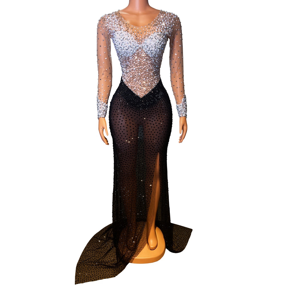 Sparkly Rhinestones Pearl Transparent Long Tail Dress Black Mesh Floor-length Dress Women Party Prom Birthday Wedding Gown Dress