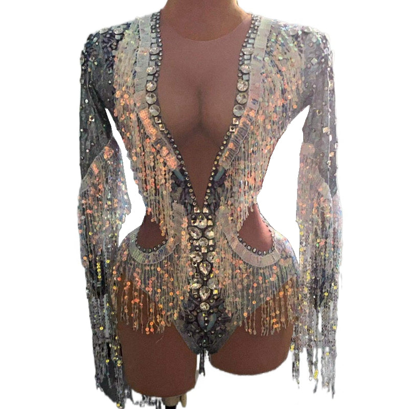 Sparkly Rhinestones Sequin Fringes Bodysuit Stretch Long Sleeve Dance Leotard Nightclub DS Singer Costume Party Show Stage Wear