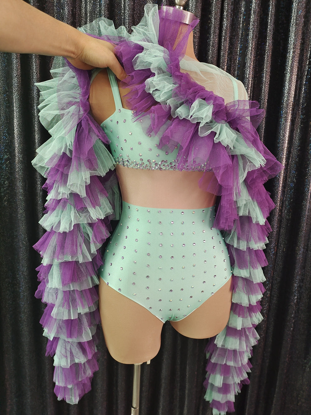 New Mesh Ruffle Cloak Rhinestones Leotard Two Pieces Set Women Performance Dance Costume Nightclub Outfit Singer Show Stage Wear