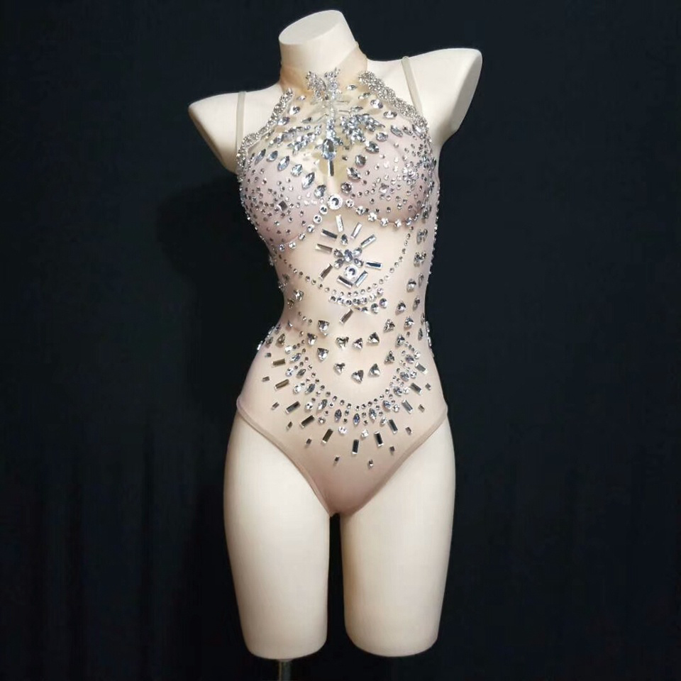 Silver Sparkly Rhinestones Crystal Mesh Leotard See Through Nude Sleeveless Bodysuit Women Performance Celebrate Party Costumes