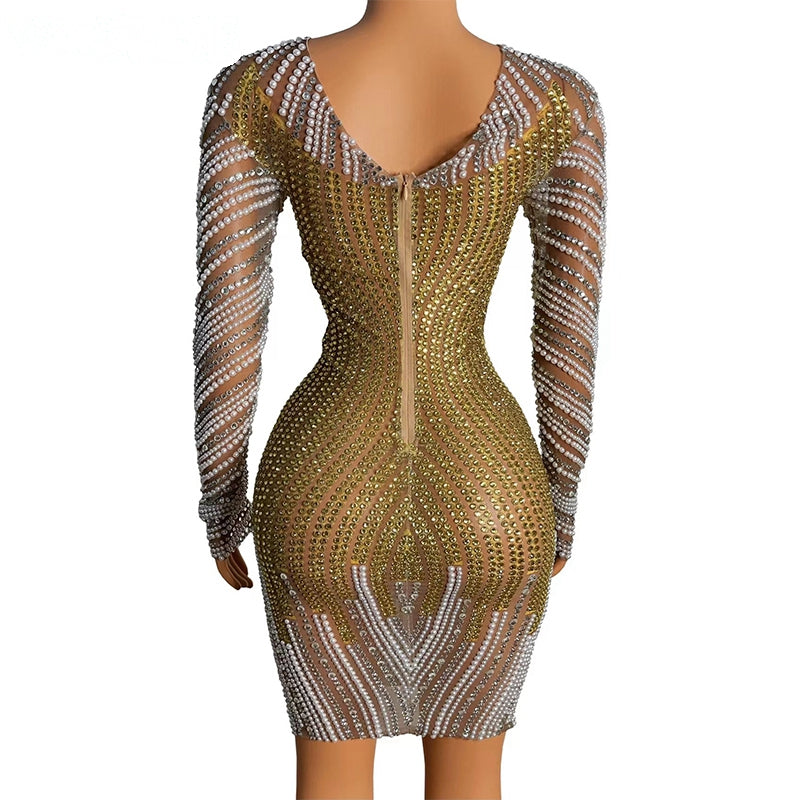 Luxurious Full Peals Rhinestones Short Dress Sexy Mesh Transparent Party Birthday Dress for Event Nightclub Outfit Stage Wear