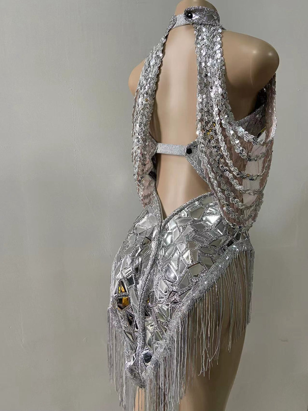 Shining Silver Sequins Backless Dress Sexy Tassel Dress Dance Costume Nightclub Outfit Performance Show Stage Wear