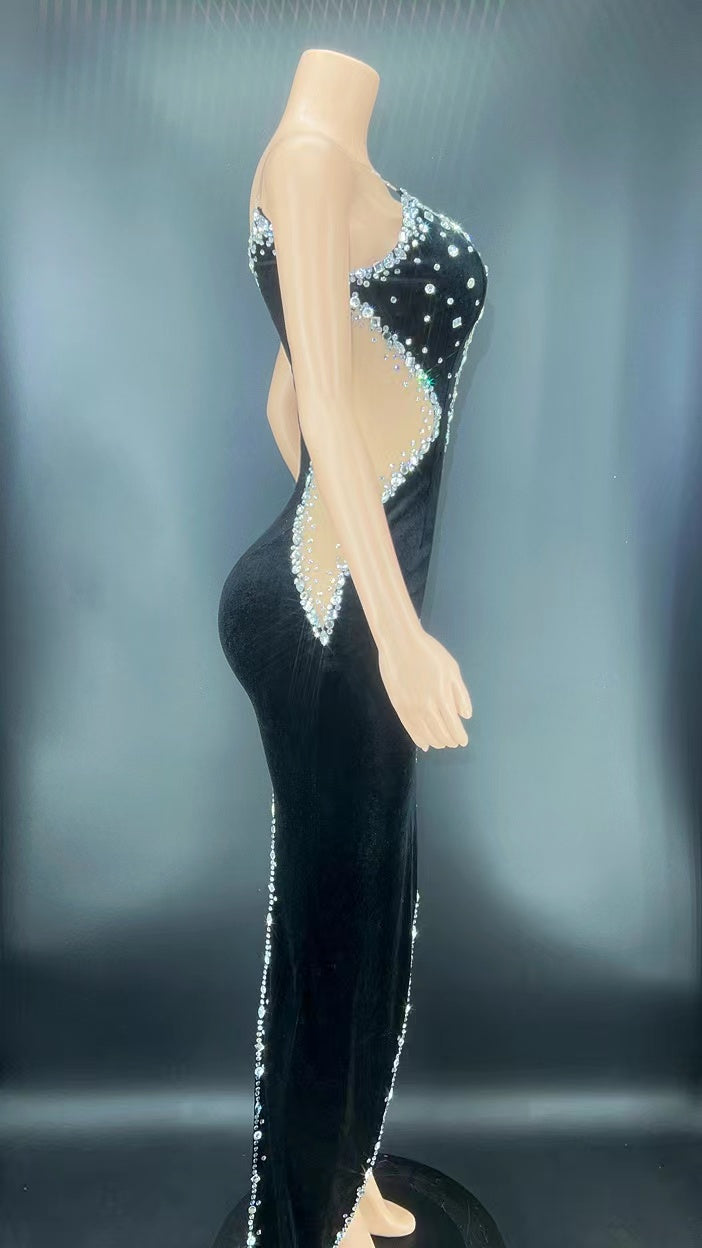 Sexy Mesh Transparent Black Velvet Rhinestones High Split Long Dress Women Birthday Celebrate Evening Dress Singer Stage Wear