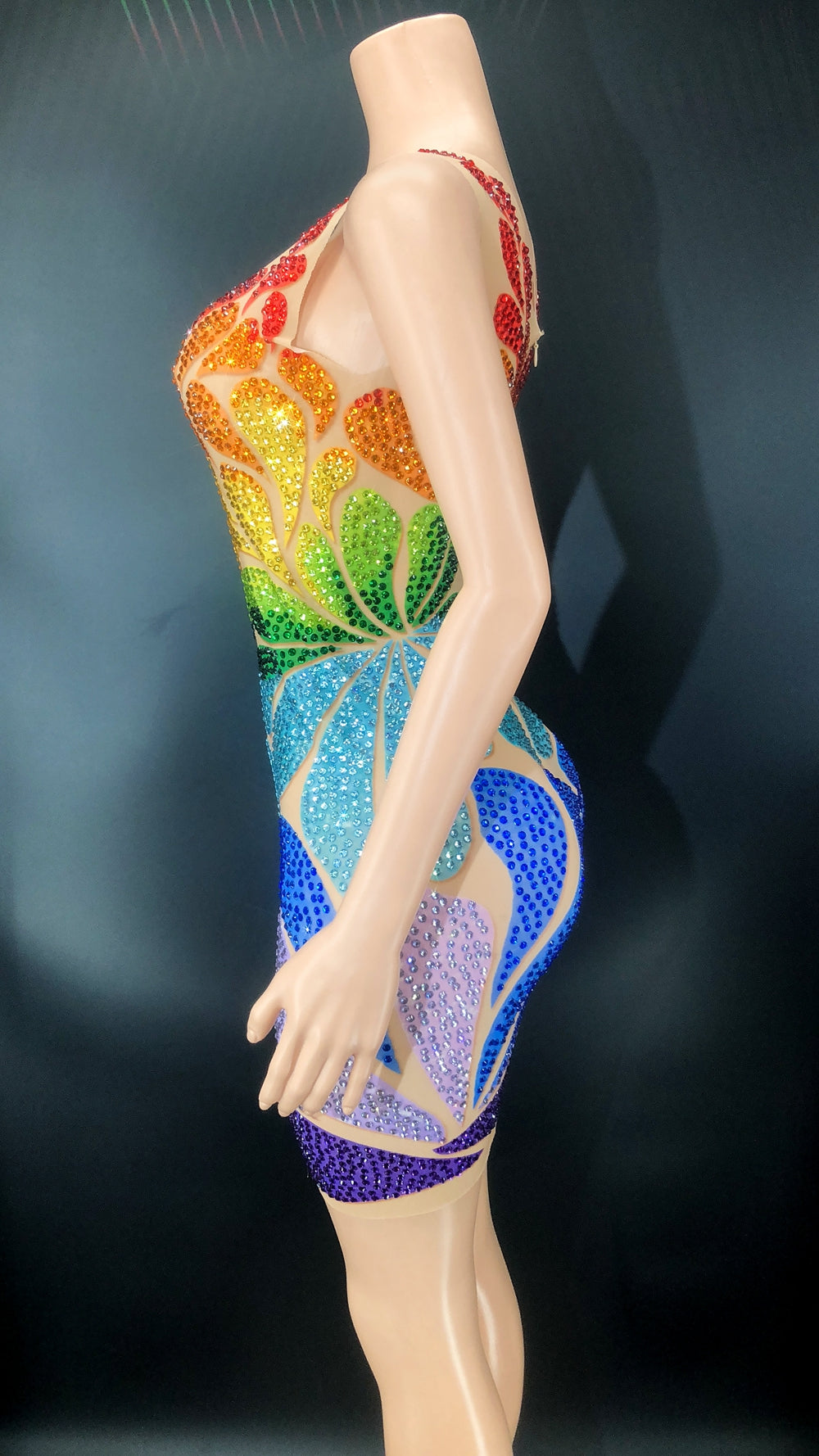 Sparkly Multicolored Rhinestones Sleeveless Mesh Transparent Short Bodycon Dress Summer Women Birthday Celebrate Prom Dress
