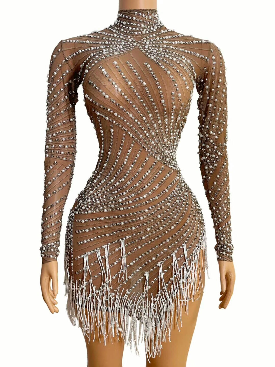 Shining Pearl Rhinestones Short Bodycon Dress Women Birthday Celebrate Party Dress Evening Prom Outfit Sexy Transparent Dress
