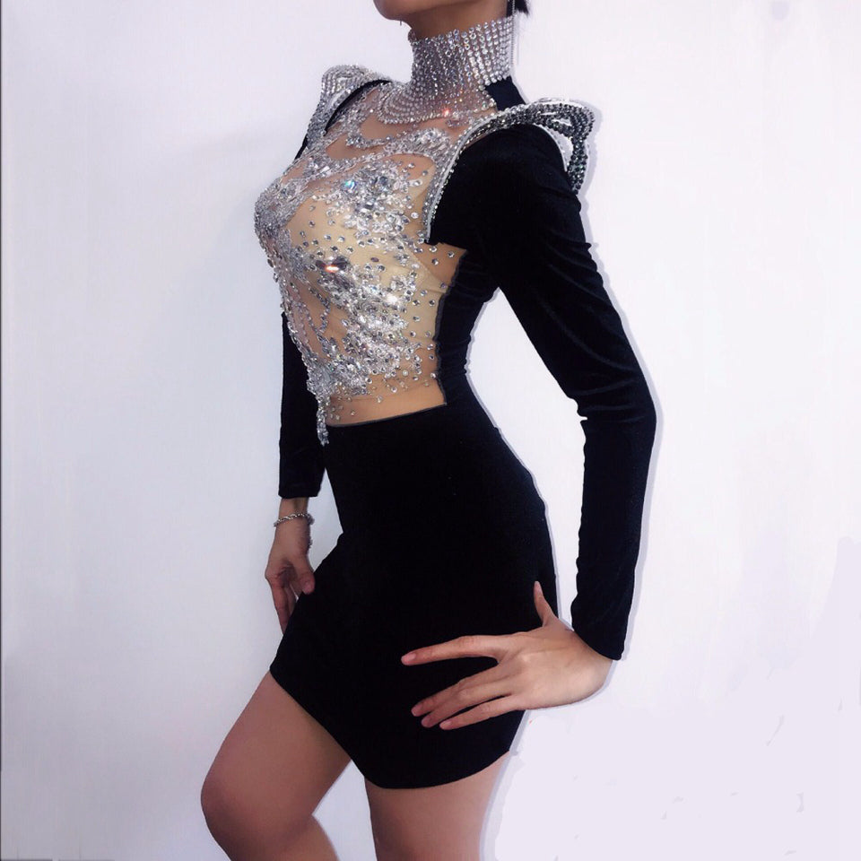 Sparkly Silver Rhinestones Mini Dress Women Crystal Female Singer Outfit Nightclub Birthday Party Stage Show Bodycon Mesh Dress