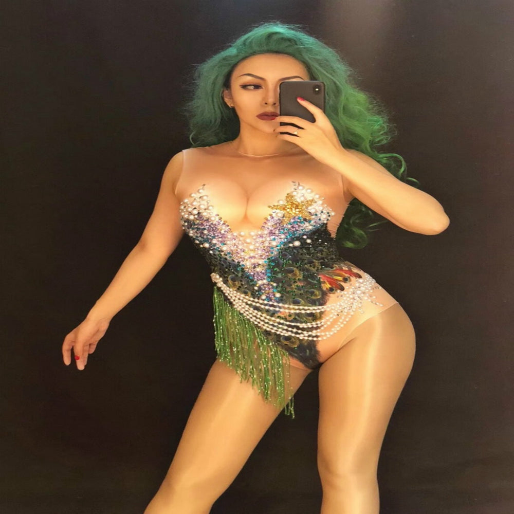 Sparkly Crystals Beaded Fringes Bodysuit Sleeveless Leotard Nightclub DJ Lady Singer Dance Wear Party Performance Show Costume
