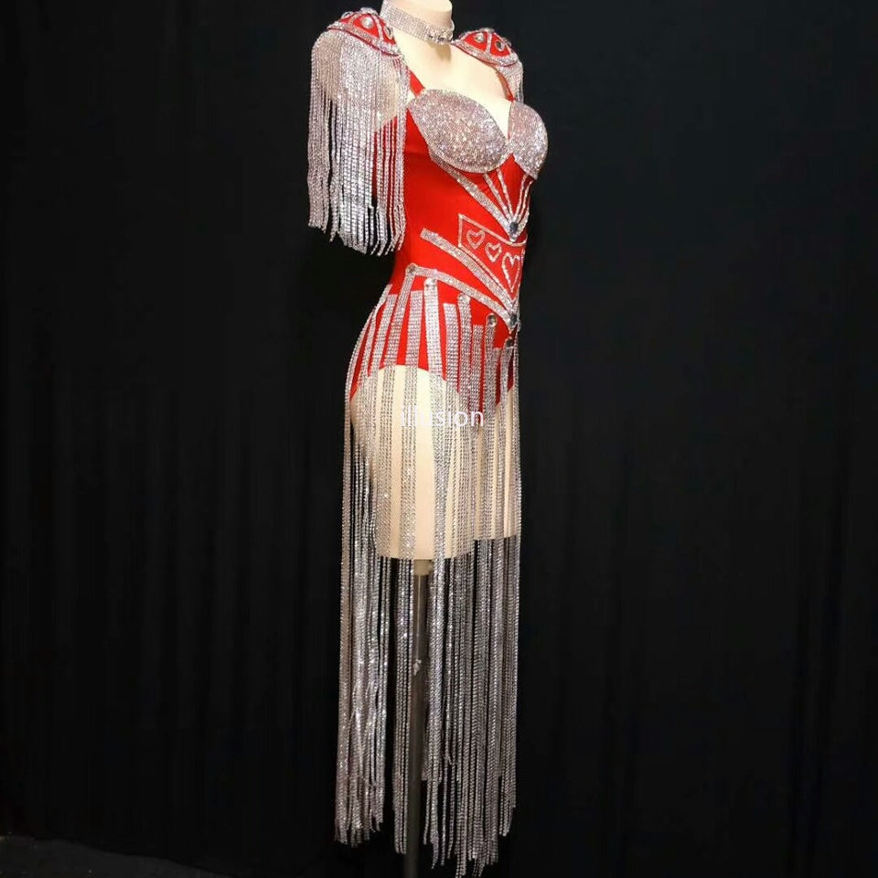 Bright Tassel Rhinestones Bodysuit Sexy Luxury Leotard Outfits Women Birthday Party Jumpsuit Singer Dance Rave Festival Clothing