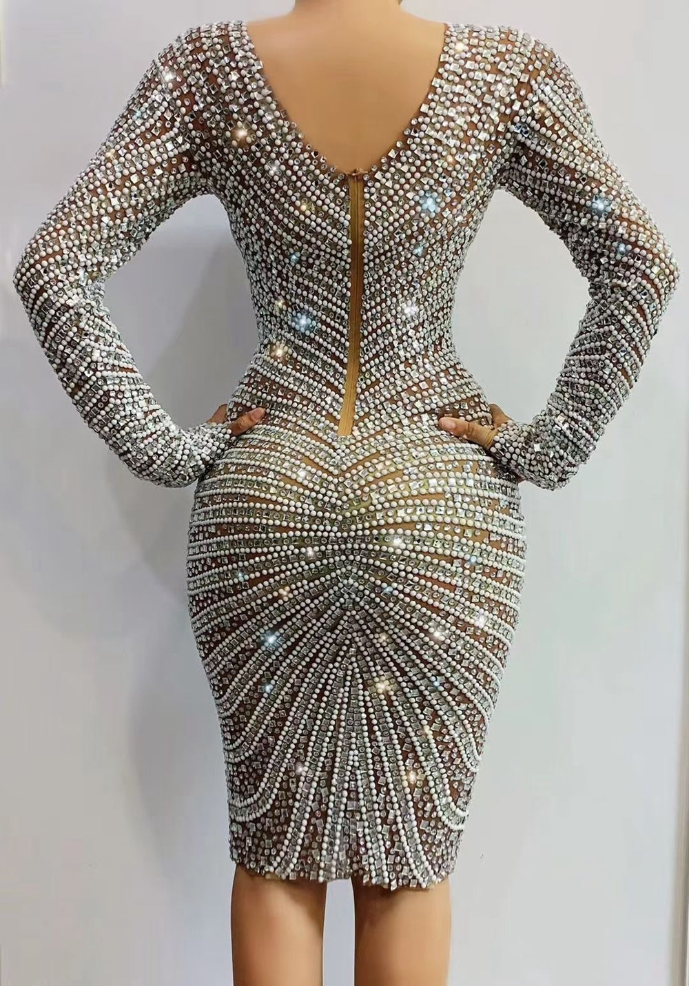 Luxurious Rhinestones Long Sleeve Short Dress Evening Birthday Evening Party Gown Dress Singer Stage Wear Sexy Transparent Dress
