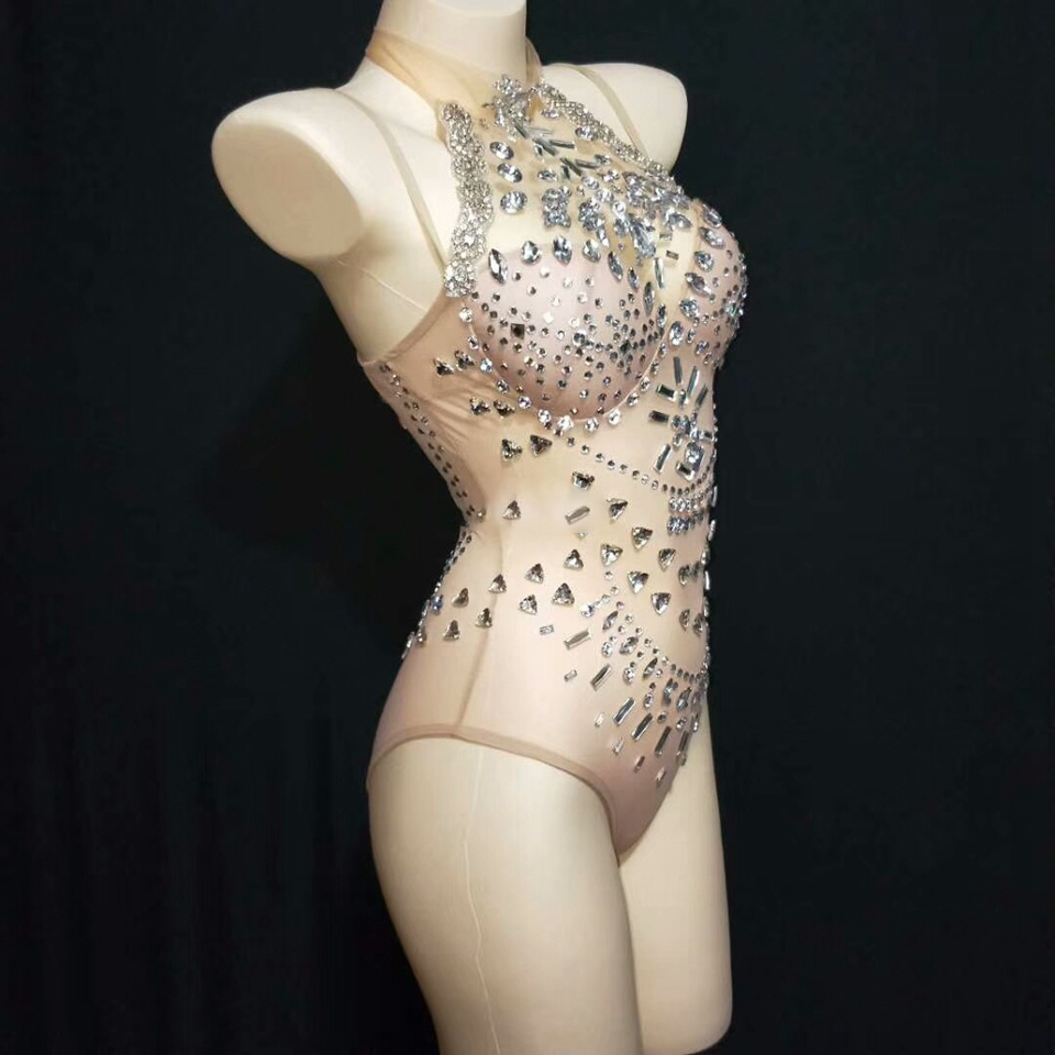 Silver Sparkly Rhinestones Crystal Mesh Leotard See Through Nude Sleeveless Bodysuit Women Performance Celebrate Party Costumes