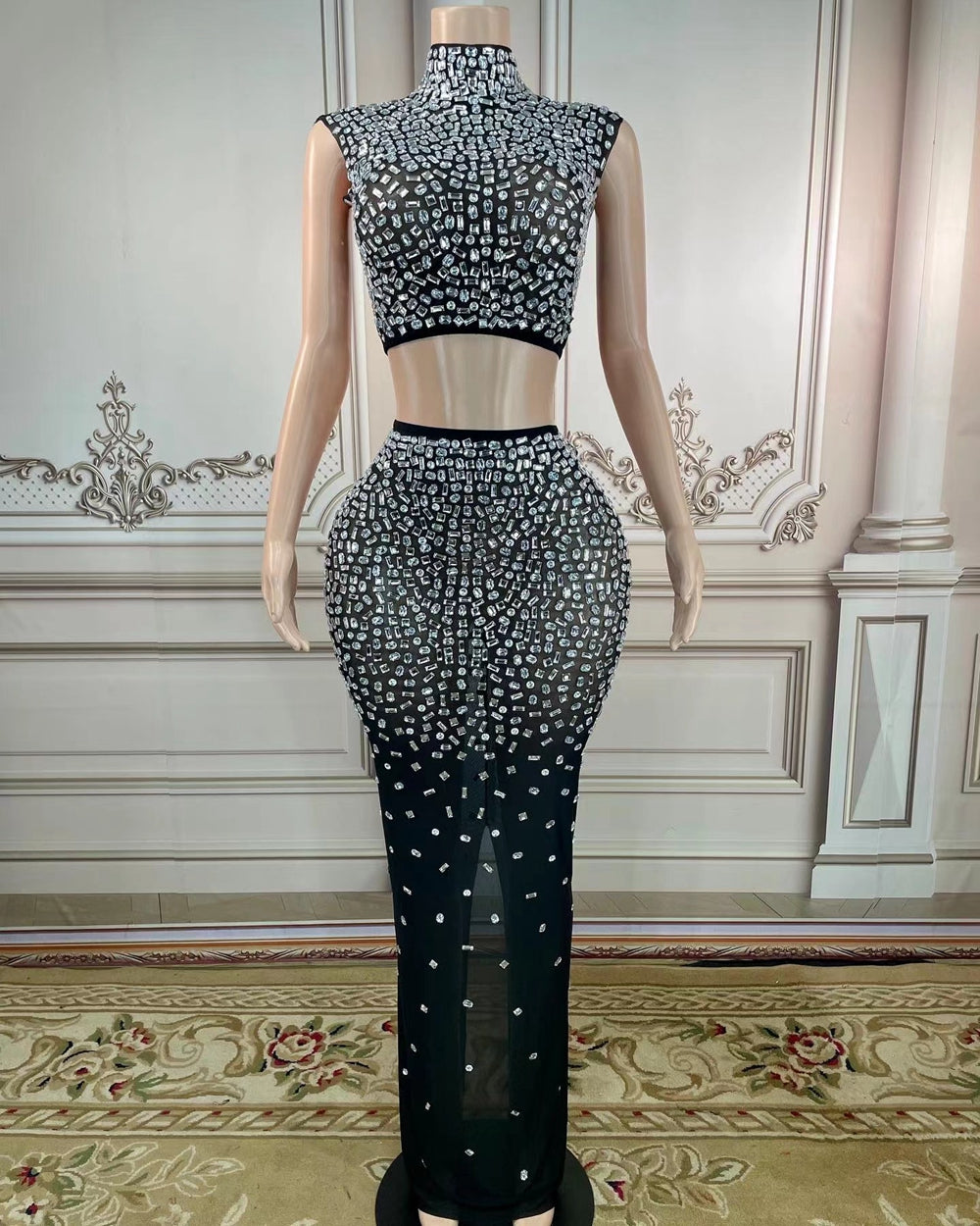 Sparkly Rhinestones Top Long Skirt Sexy Transparent Stretchy Two Pieces Set Celebrate Evening Prom Gown Birthday Dress for Women