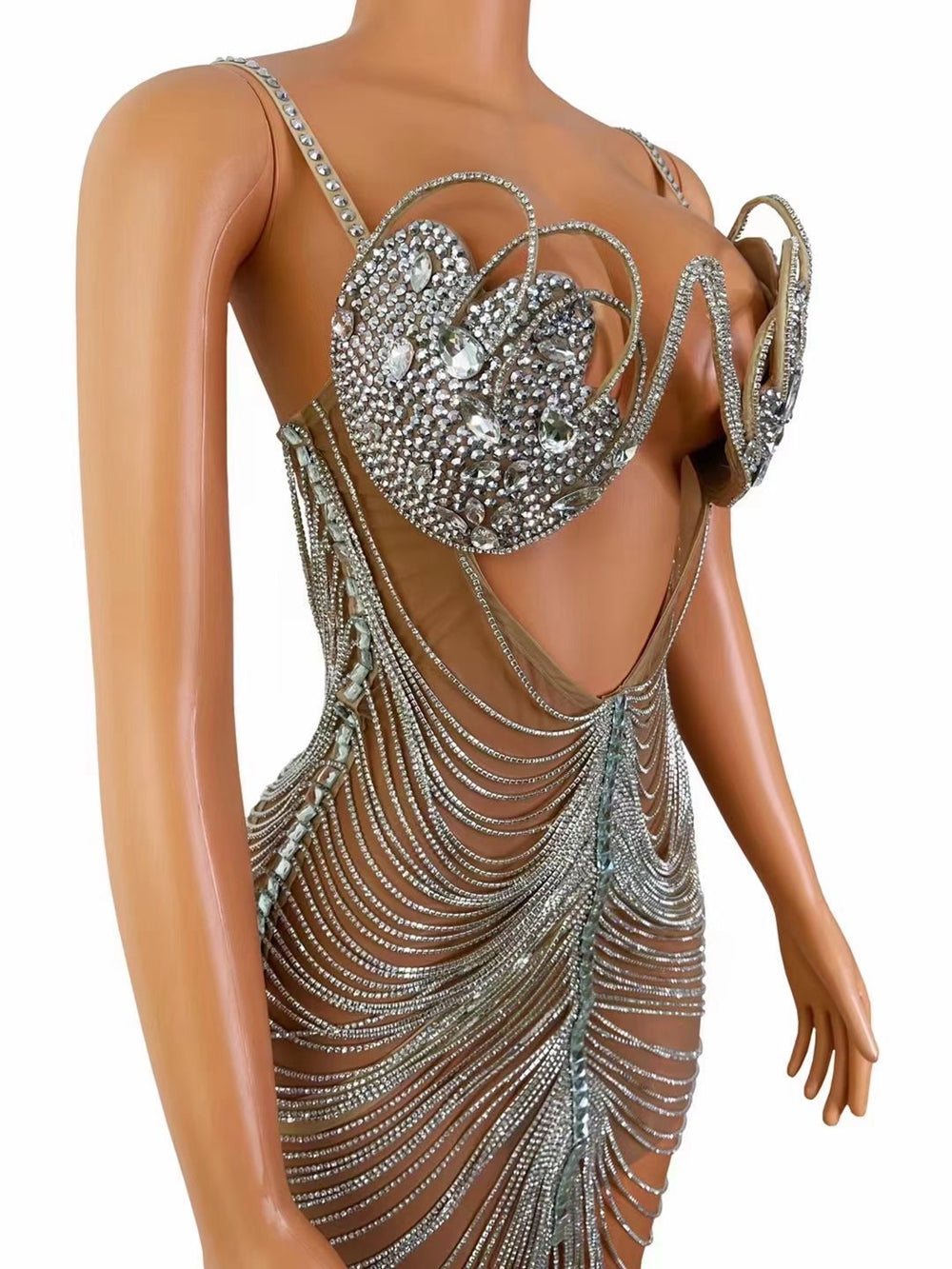 Luxurious Silver Crystals Chains Crystal Dress Birthday Celebrate Evening Prom Party Dress Sexy Performance Costume Stage Wear
