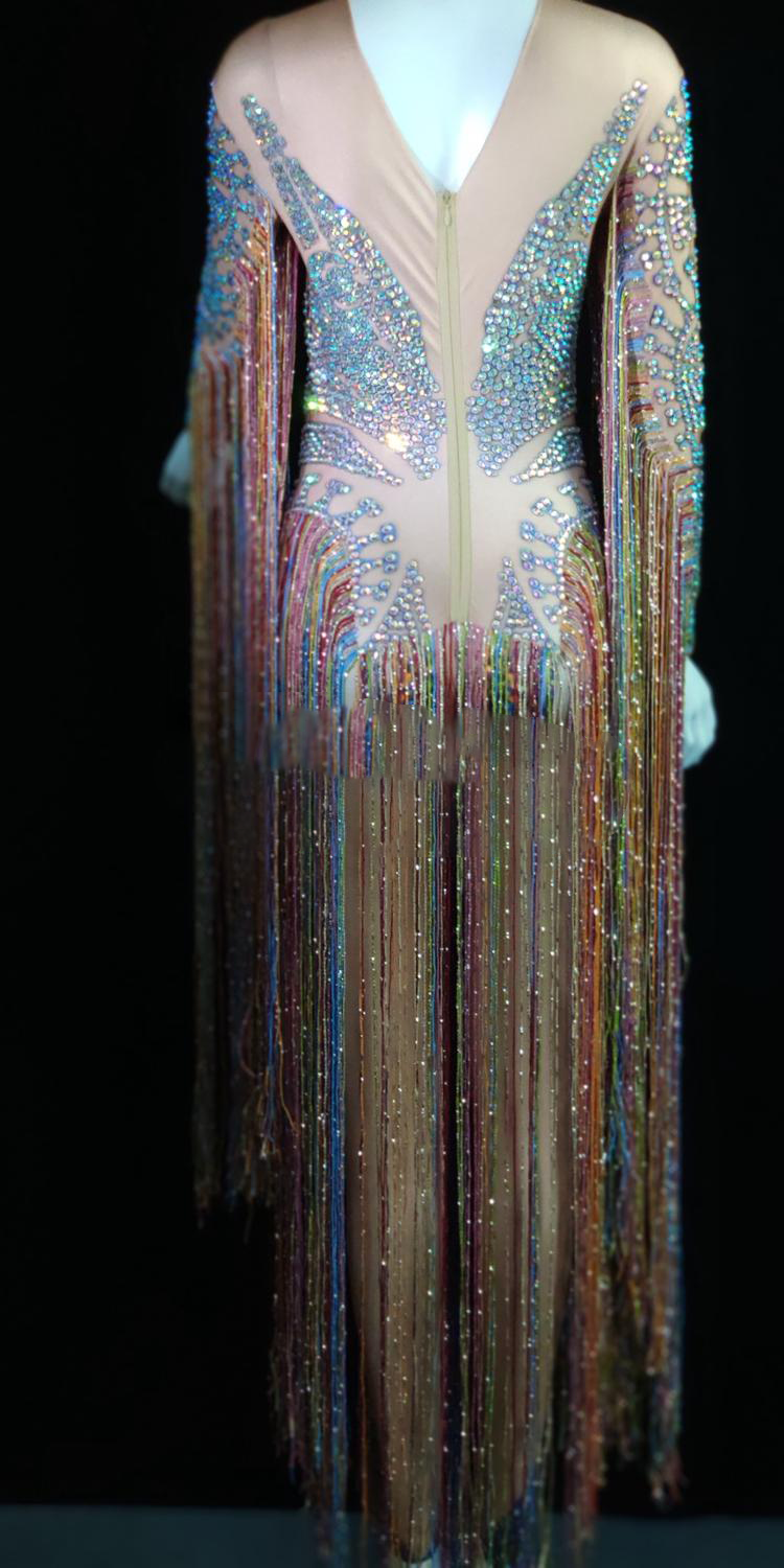 Glisten Crystals Jumpsuit Sexy Long Multi-colored Tassel Rhinestones Bodysuit Women Nightclub Outfit Singer Stage Dance Costume