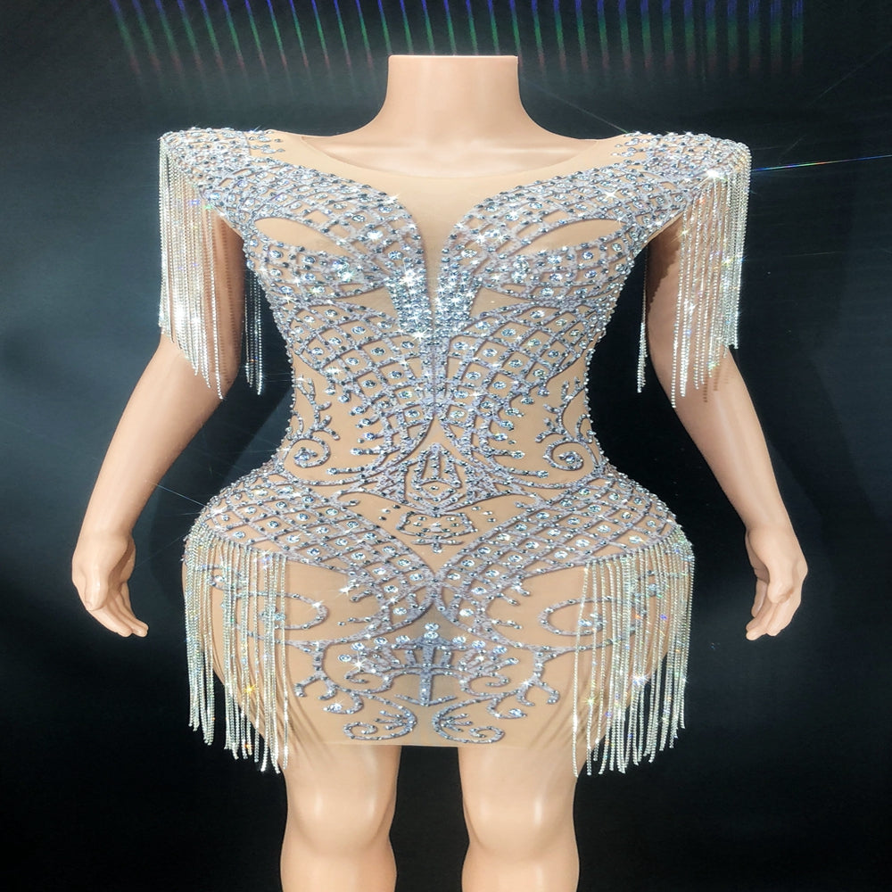 Sparkly Silver Rhinestones Chain Sleeves Mesh Transparent Bodycon Short Dress Sexy Birthday Celebrate Gown Evening Dress