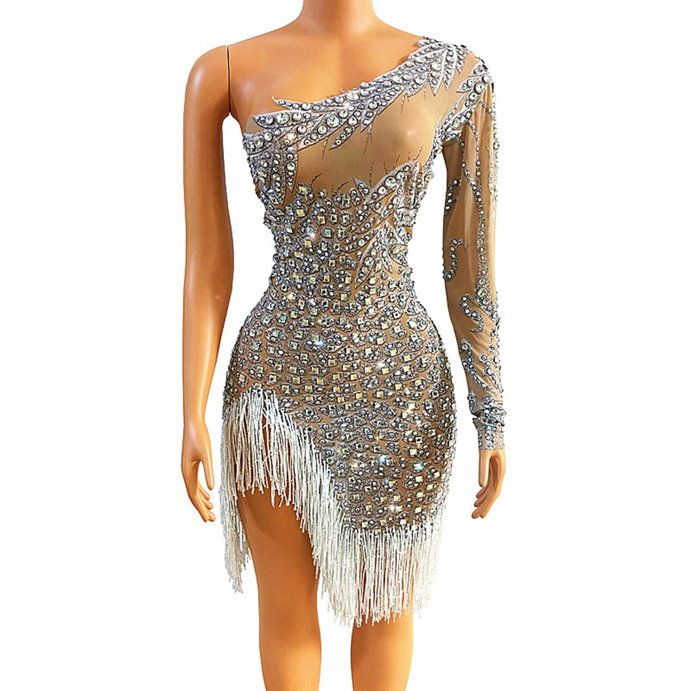 Sparkly Rhinestones Transparent Short Fringes Dress Evening Celebrate Prom Party Birthday Dress Tassel Dance Costume Stage Wear