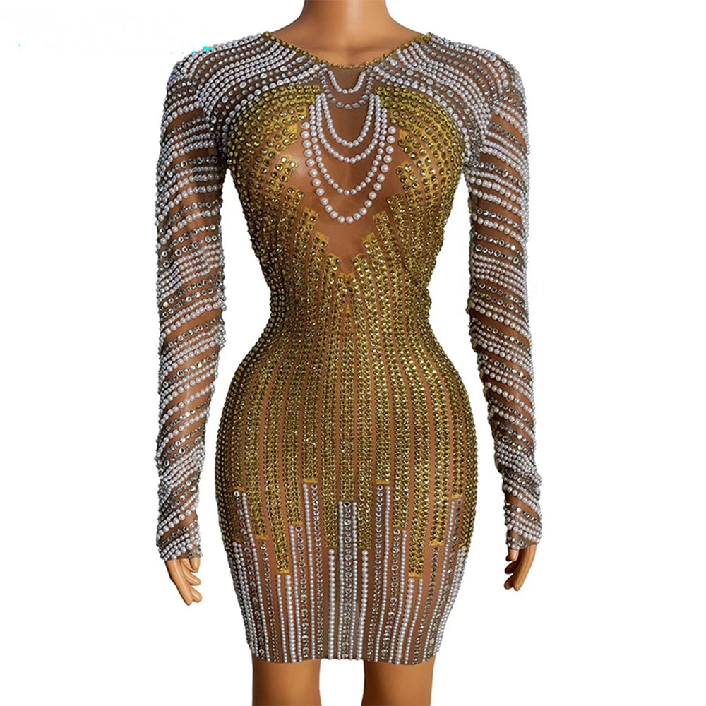 Luxurious Full Peals Rhinestones Short Dress Sexy Mesh Transparent Party Birthday Dress for Event Nightclub Outfit Stage Wear