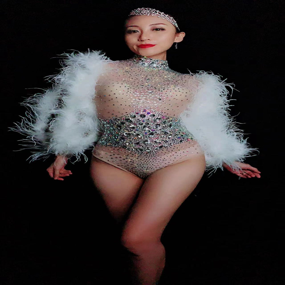 Sparkly Rhinestones Feathers Sleeves Leotard Sexy Mesh Transparent Dance Bodysuit Women Singer Dancer Stage Performance Costume