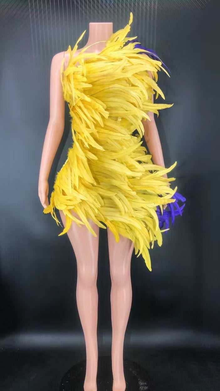 New Design Short Sleeveless Feather Dress Women Celebrate Evening Prom Gown Birthday Dress Singer Dancer Show Stage Wear