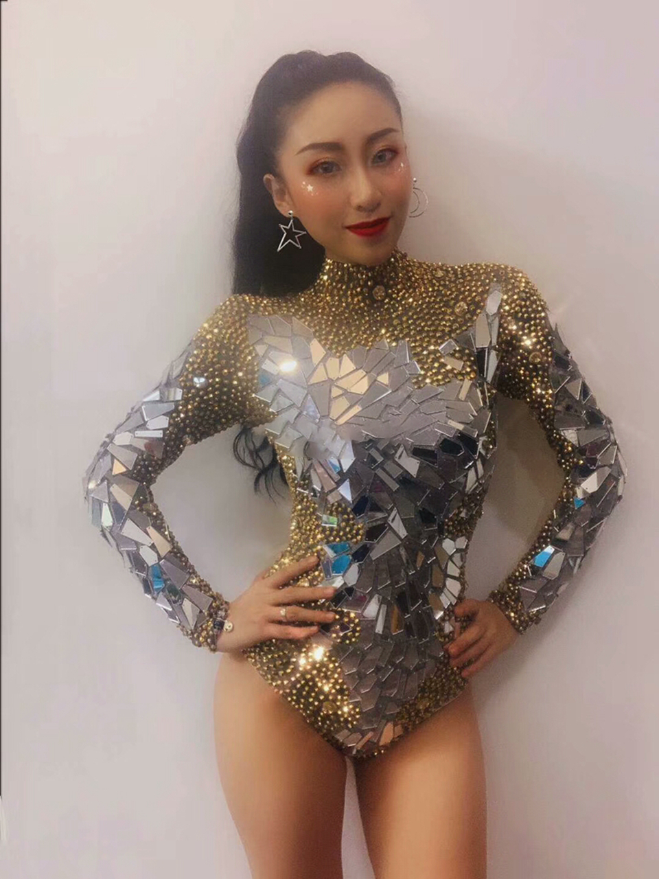 Shining Gold Rhinestones Mirrors Bodysuit Women's Birthday Celebrate Party Outfit DS Bar Singer Dancer Show Performance Costume