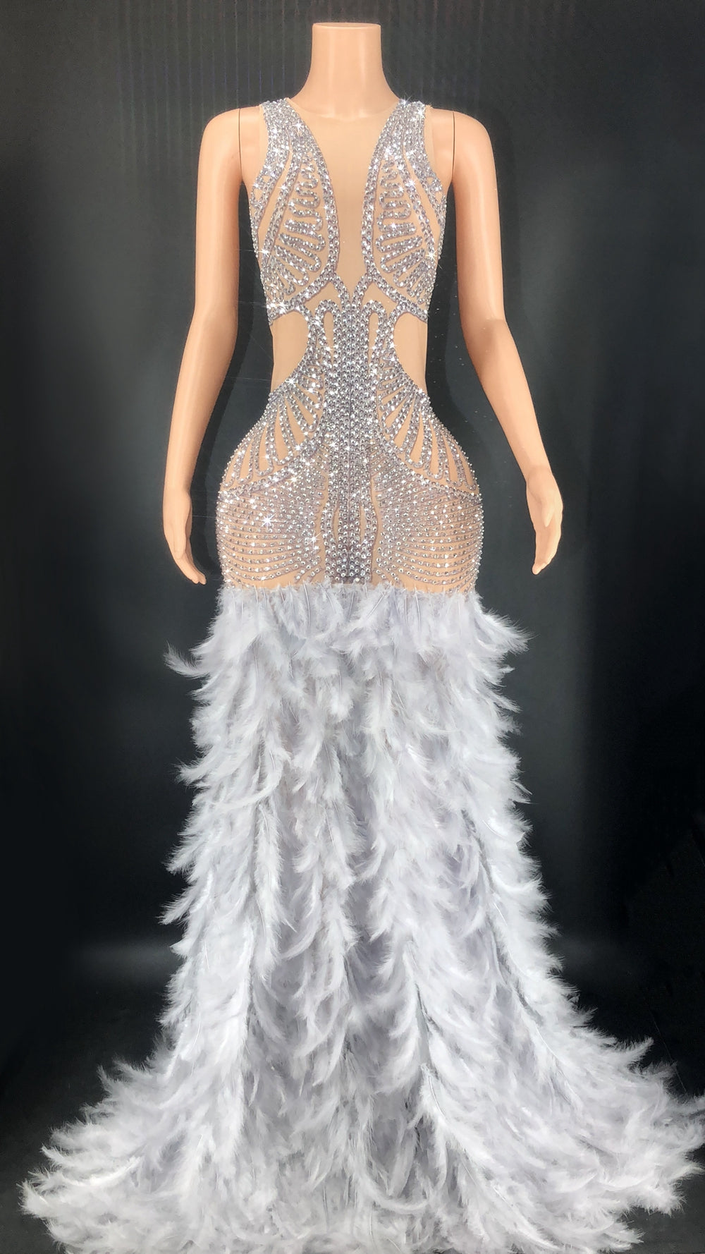 Elegant Rhinestones Feather Dress Women Birthday Celebrate Evening Prom Gown Dress Sexy Mesh Transparent Sleeveless Stage Wear