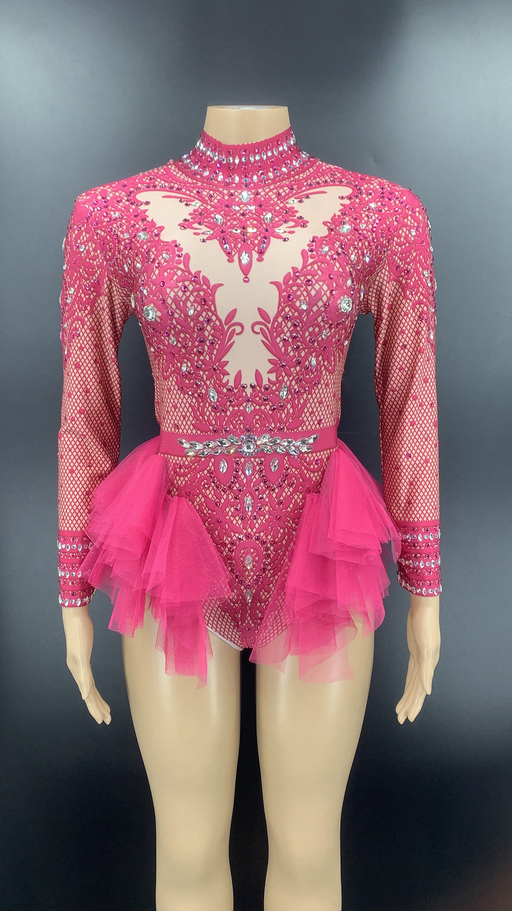 Sparkly Rhinestones Lace Bodysuit Women Long Sleeve Club Outfit Dance Costume Sexy Show Performance Stage Wear Birthday Dress
